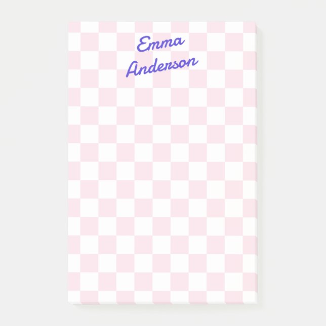 Retro name light pink white chequerboard pattern post-it notes (Front)