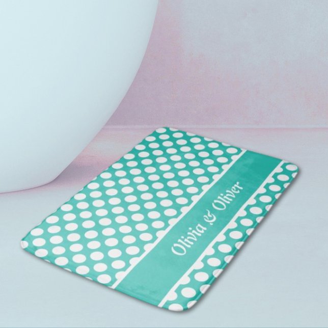Retro Name Turquoise & White Polka Dot Pattern Bath Mat (Classic Custom Text/ Name Turquoise & White Polka Dot Pattern Bath Mat)