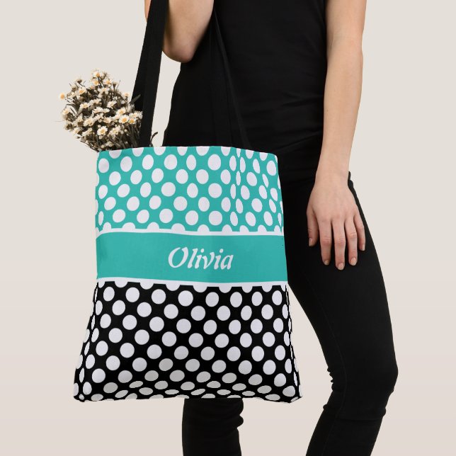 Retro Named Turquoise, Black & White Polka Dot Tote Bag (Close Up)