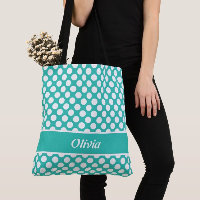 Retro Named Turquoise & White Polka Dot Tote Bag (Close Up)