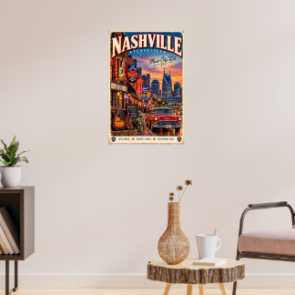 Retro Nashville Tennessee Travel Poster Music City