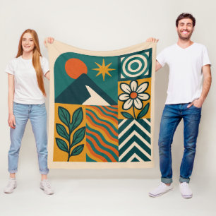 Retro Nature Abstract Art–Modern Geometric Floral Fleece Blanket