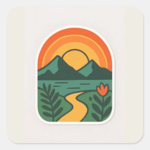 Retro Nature Sunset – Vintage Mountain Square Sticker