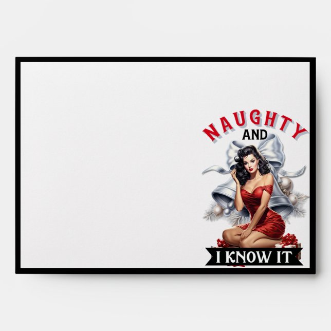 Retro Naughty and I Know It Christmas Pinup Envelope (Front)