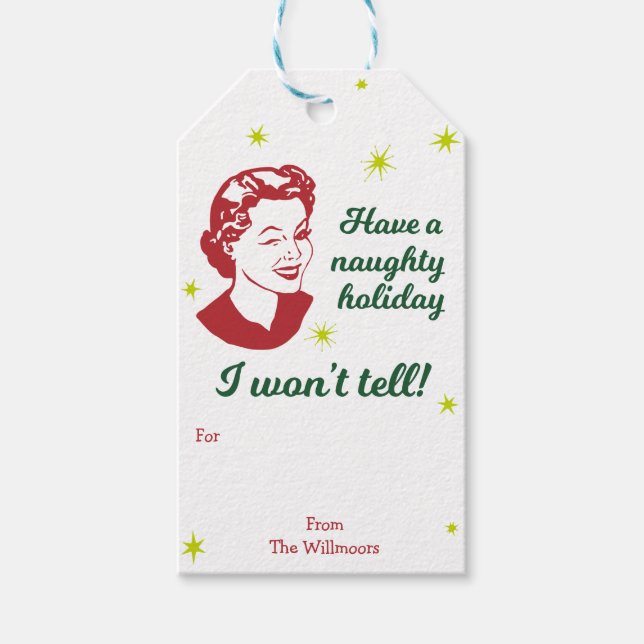 Retro Naughty holiday | Gift Tags | White (Front)