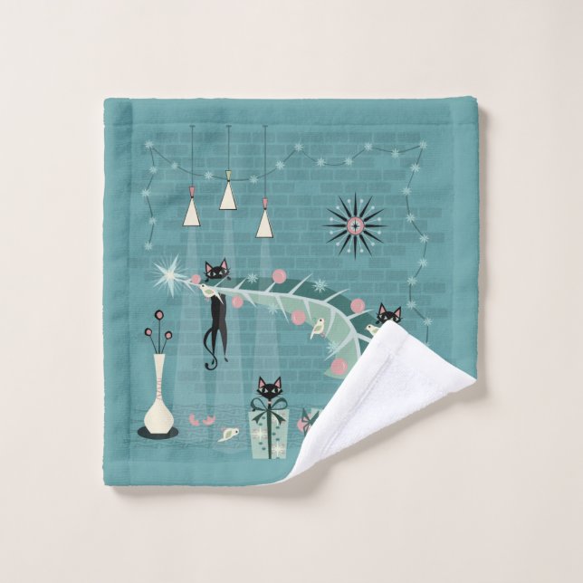 Retro Naughty Kitty Christmas Bath Towel Set (Wash Cloth)