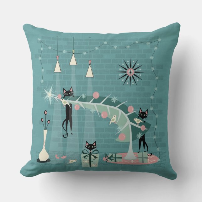 Retro Naughty Kitty Christmas by studioxtine Cushion (Front)