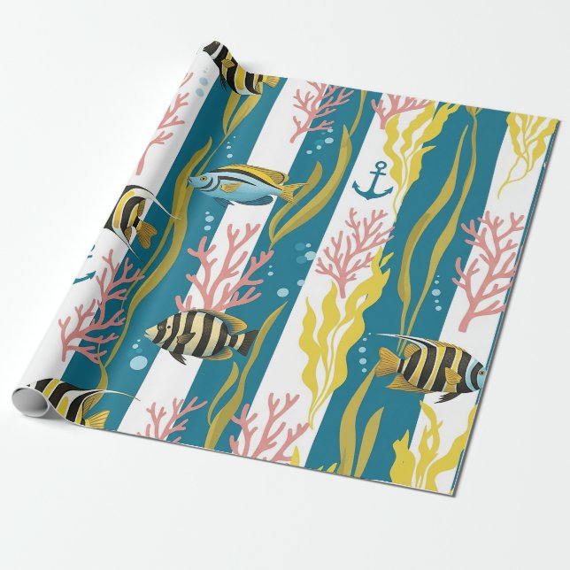 Retro Nautical Watercolor Pattern (14) Wrapping Paper (Unrolled)