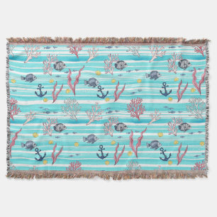 Retro Nautical Watercolor Pattern (15) Throw Blanket