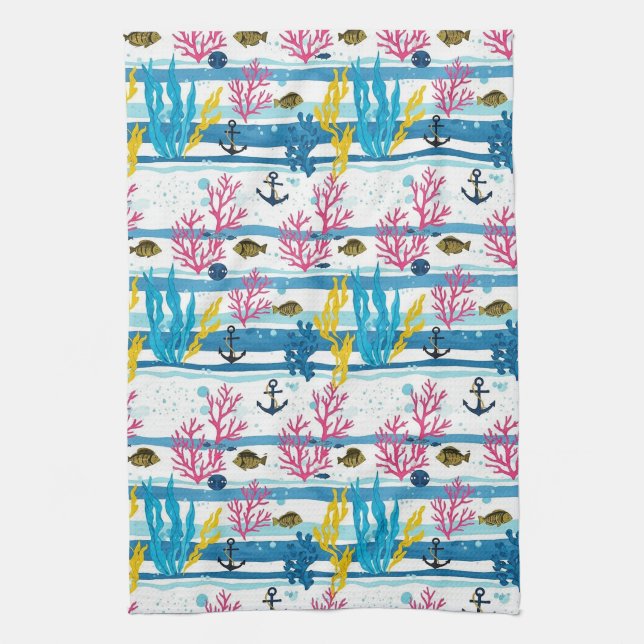 Retro Nautical Watercolor Pattern (2) Tea Towel (Vertical)