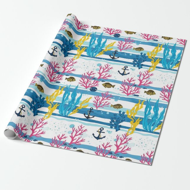 Retro Nautical Watercolor Pattern (2) Wrapping Paper (Unrolled)