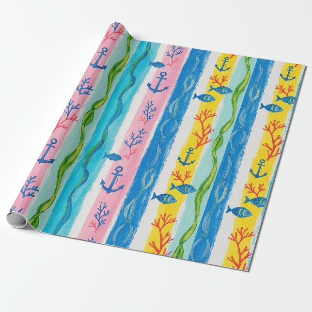Retro Nautical Watercolor Pattern (4) Wrapping Paper (Unrolled)