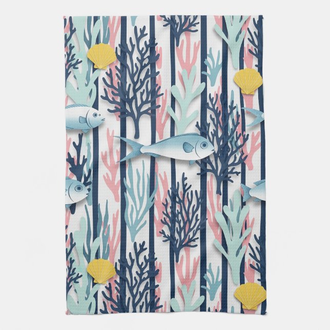 Retro Nautical Watercolor Pattern (6) Tea Towel (Vertical)