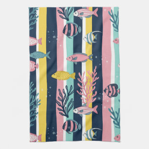 Retro Nautical Watercolor Pattern (7) Tea Towel