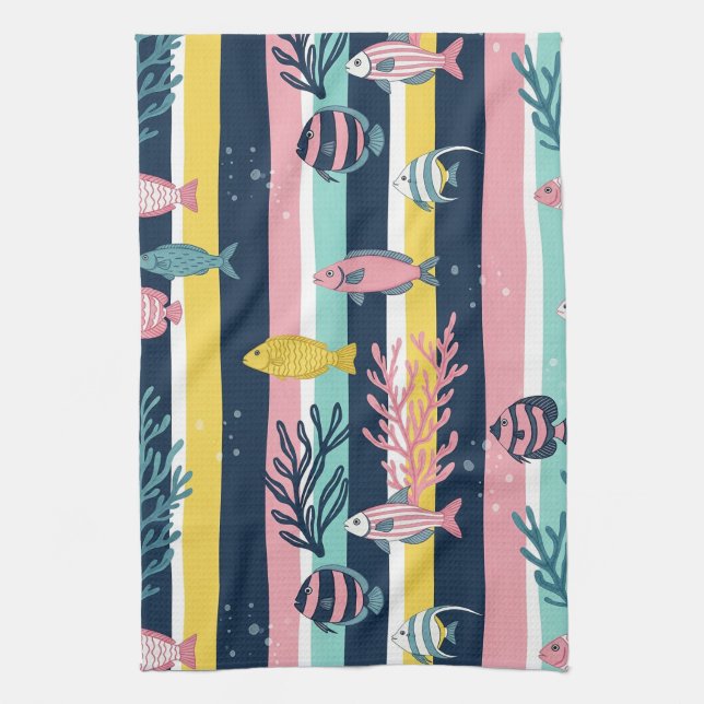 Retro Nautical Watercolor Pattern (7) Tea Towel (Vertical)