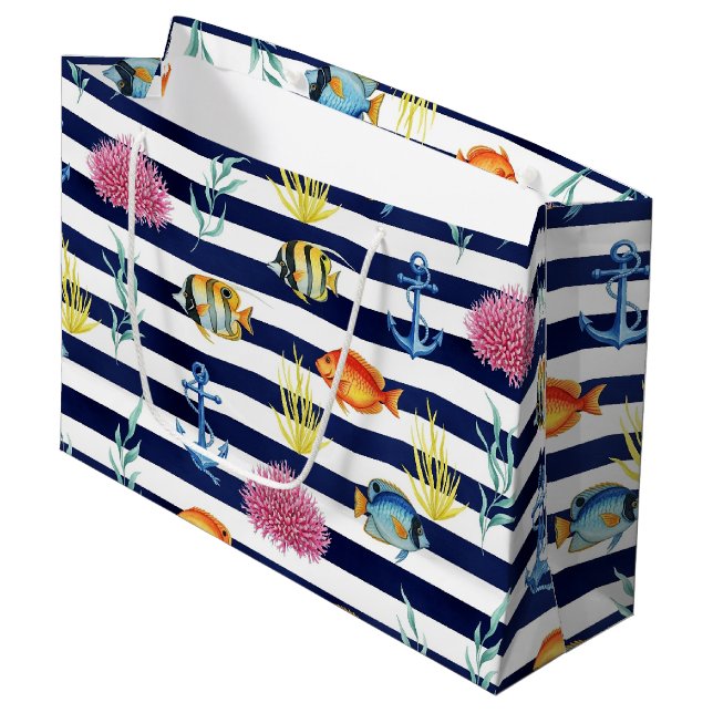 Retro Nautical Watercolor Pattern (8) Large Gift Bag (Front Angled)