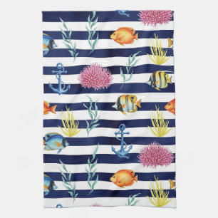 Retro Nautical Watercolor Pattern (8) Tea Towel