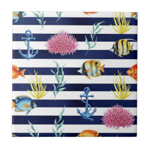 Retro Nautical Watercolor Pattern (8) Tile