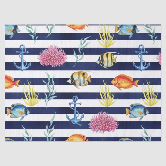 Retro Nautical Watercolor Pattern (8) Tissue Paper (Front)