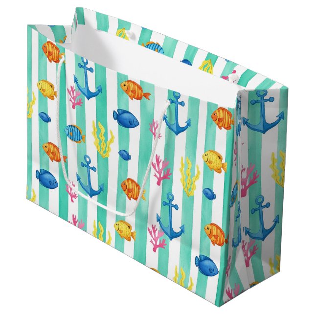 Retro Nautical Watercolor Pattern (9) Large Gift Bag (Front Angled)