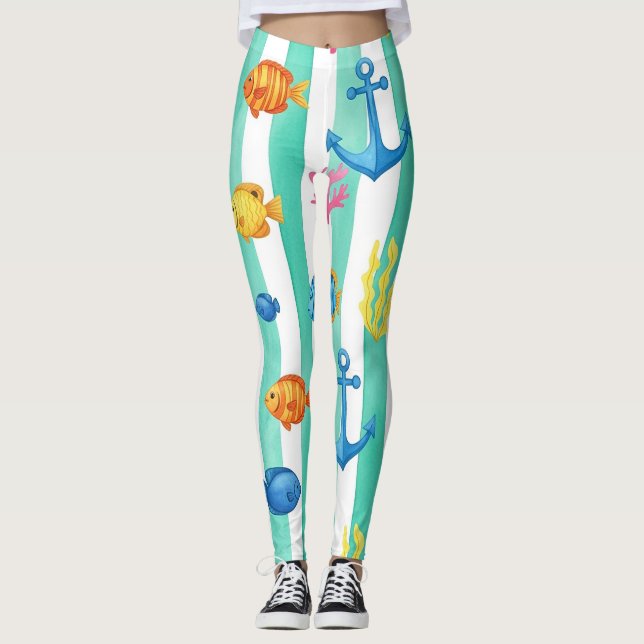 Retro Nautical Watercolor Pattern (9) Leggings (Front)