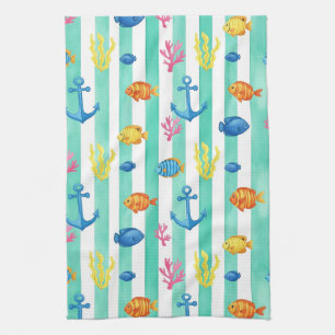 Retro Nautical Watercolor Pattern (9) Tea Towel