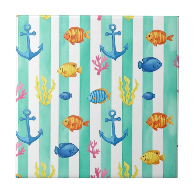 Retro Nautical Watercolor Pattern (9) Tile (Front)
