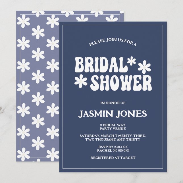 Retro Navy Blue Daisy Flower Bridal Shower Invitation (Front/Back)