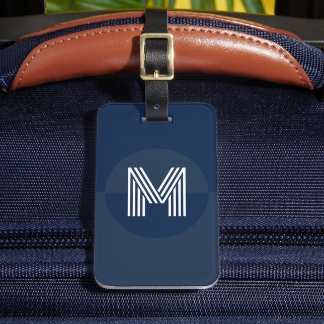 Retro Navy Blue Geometric Modern Monogram Luggage Tag (Front Insitu 2)