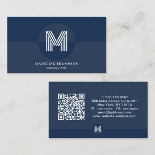 Retro Navy Blue Geometric Modern Monogram QR Code Business Card