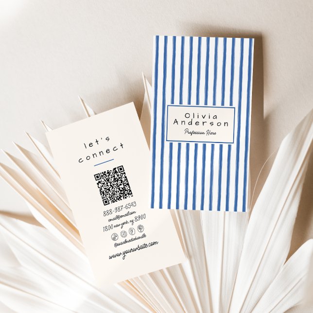 Retro Navy Blue Hand Drawn Stripes QR Code Unique  Business Card (Creator Uploaded)