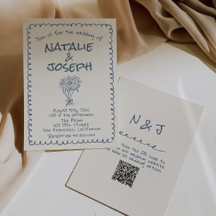 Retro Navy blue Hand Drawn Written QR Code Wedding Invitation