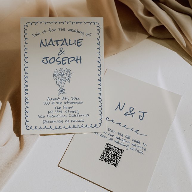 Retro Navy blue Hand Drawn Written QR Code Wedding Invitation (Creator Uploaded)