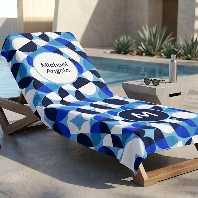 Retro Navy Blue Mid Century Modern Custom Name Beach Towel (Creator Uploaded)
