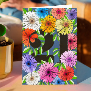 Retro Navy Blue Personalised 21st Birthday Floral Card