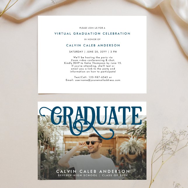 Retro Navy Blue Photo Virtual Graduation for Boys Invitation (Creator Uploaded)