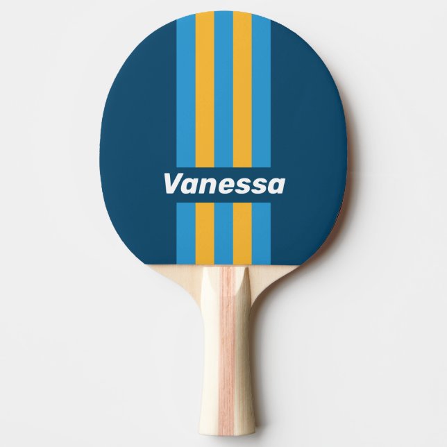 Retro Navy Blue Pin Stripes with Name Ping Pong Paddle (Front)