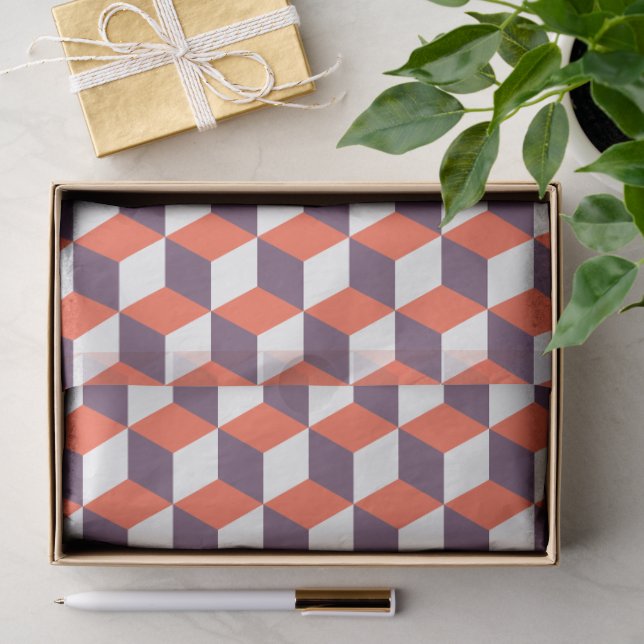 Retro Navy Blue Red Cube Modern Geometric Pattern Tissue Paper (Gift)