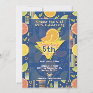 Retro Navy Blue Summer Citrus Fruit Birthday Invitation