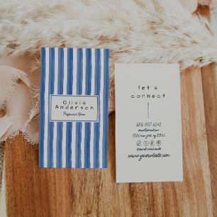Retro Navy Blue Teal Hand Drawn Stripes Boho Business Card