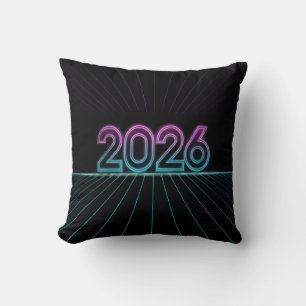 Retro Neon 2026 Sign with Vaporwave Pink and Cyan Cushion