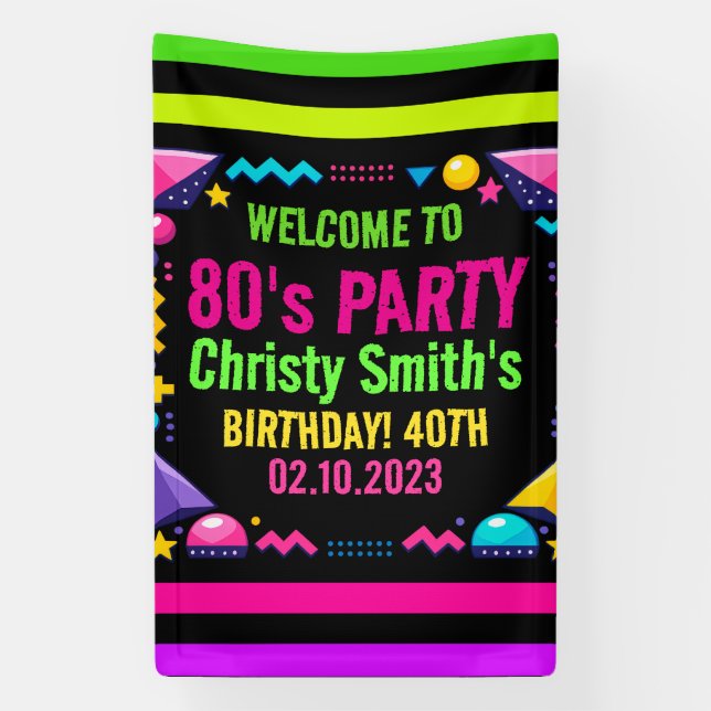 Retro Neon 80s Birthday Adult Party Banner (Vertical)
