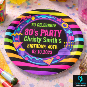 Retro Neon 80s Birthday adult Party Paper Plate