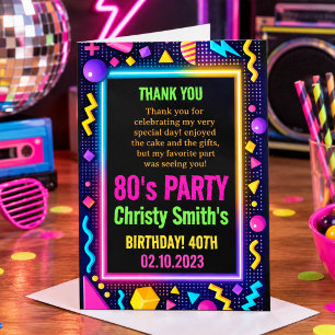 Retro Neon 80s Birthday Adult Party Thank You Card