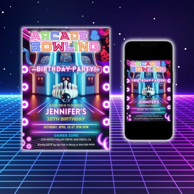 Retro Neon arcade & bowling gaming birthday party  Invitation (Neon arcade and bowling birthday party invitation)