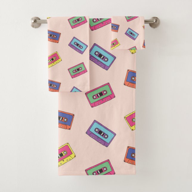 Retro Neon Audio Cassette Tape Pattern Bath Towel Set (Insitu)