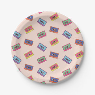 Retro Neon Audio Cassette Tape Pattern Paper Plate