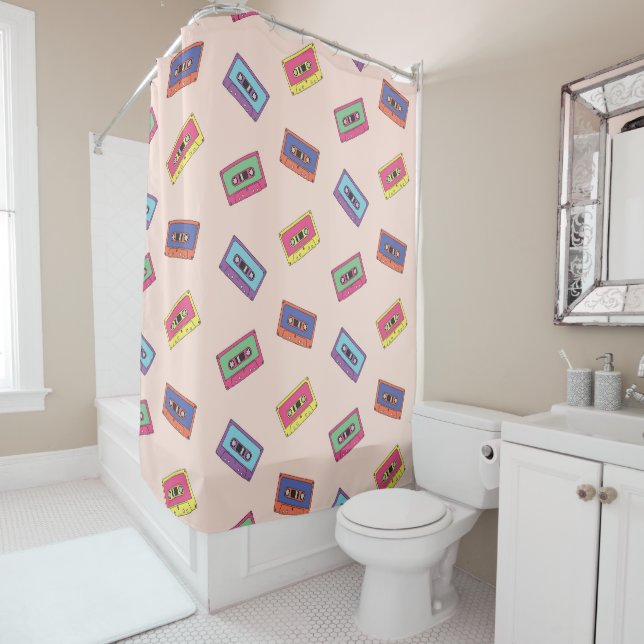 Retro Neon Audio Cassette Tape Pattern Shower Curtain (In Situ)