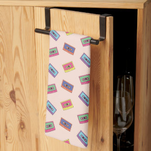 Retro Neon Audio Cassette Tape Pattern Tea Towel