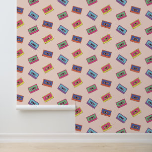 Retro Neon Audio Cassette Tape Pattern Wallpaper